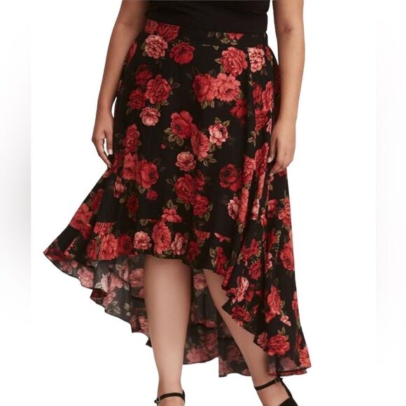 Torrid Rose Black Floral High Low Midi Maxi Casual Summer Formal Flowy Skirt - Picture 2 of 6